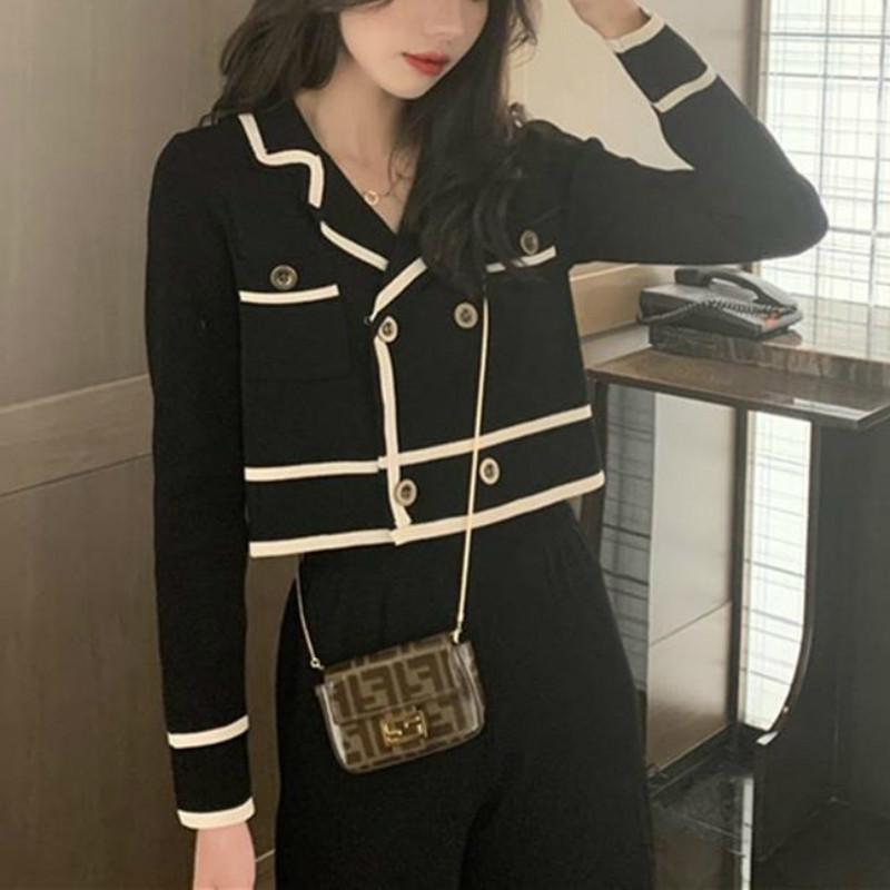 

2021 New Knitted Two Piece Patchwork Long Sleeve Top+ High Waist Ankle-length Wide Leg Pants Office Lady Korean Women Ejna, Black