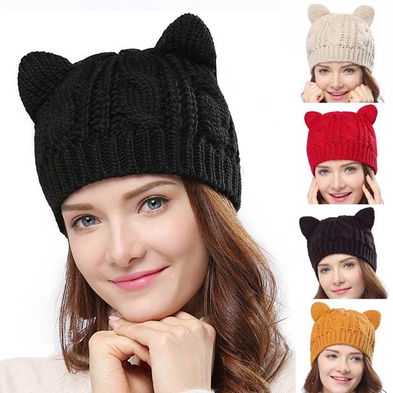 

2020 Women's Knitted Caps with Cat Ears Sharp Knitting Hats Warm Women Beanies Crochet Hats Hip Hop Cap Ski Hat, Brown