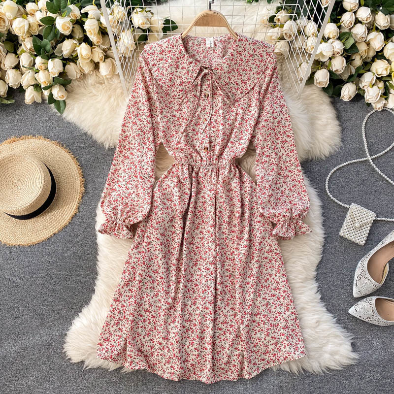

2021 New Female singiny dressed in floral autumn sweet peter pan collar puff the line dresses boho imprint streetwear short dress 67T0, Blue