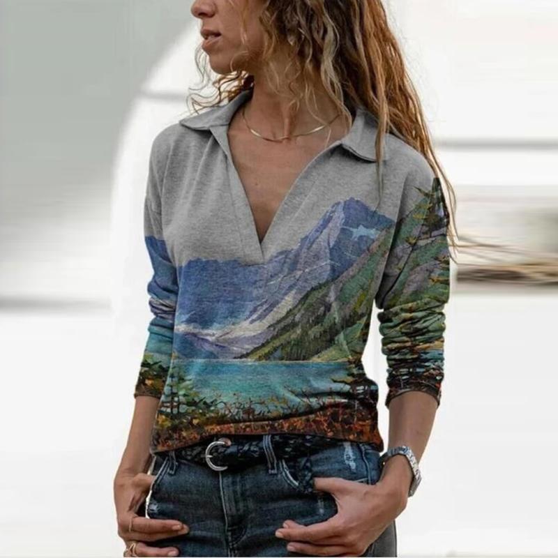 

Women Sexy Blouse Long Sleeve Tops Scenery Print Blouse Turndown Collar Shirts Tops Casual Loose Blouses Elegant Shirts Pullover, Gray