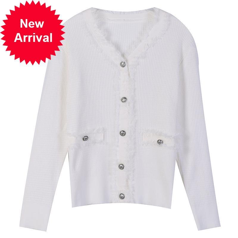 

2021 New High Quality Autumn Sewing Long-sleeved Occasional Women Borla White-necked Black Thick Cardigan Coat of Malha 3o2s