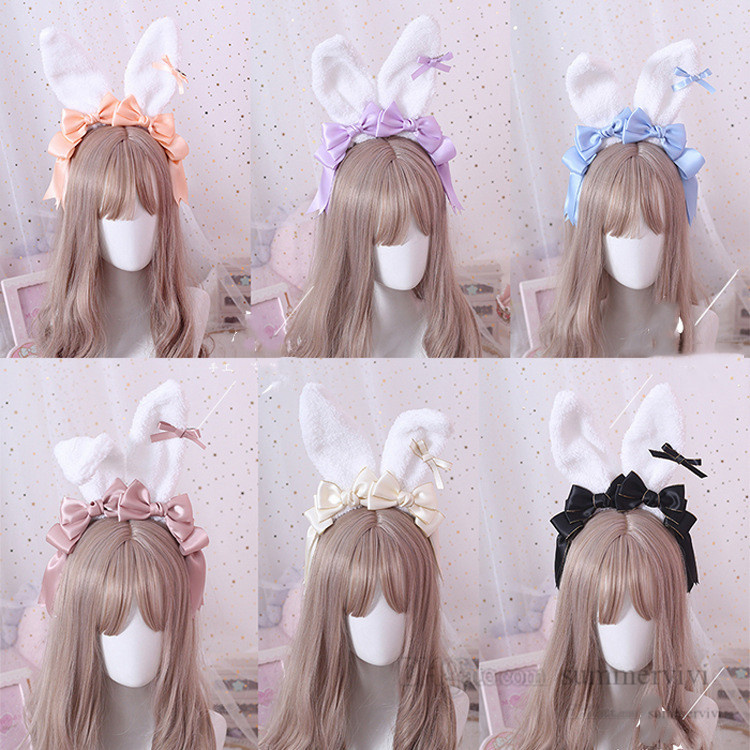 

Easter Children plush rabbit ears hair sticks girls ribbon Bows princess hair accessories kids cosplay party hairbands Q4582, Slivery;white