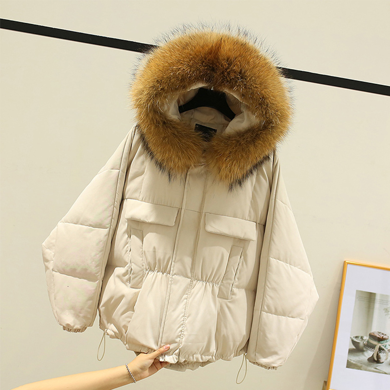 

2021 New Women's Winter 90% White Down Coat Big Real Raccoon Skin with Hood Irregular Jacket Warm Snow Short Outwear NBSB, Fur collar.