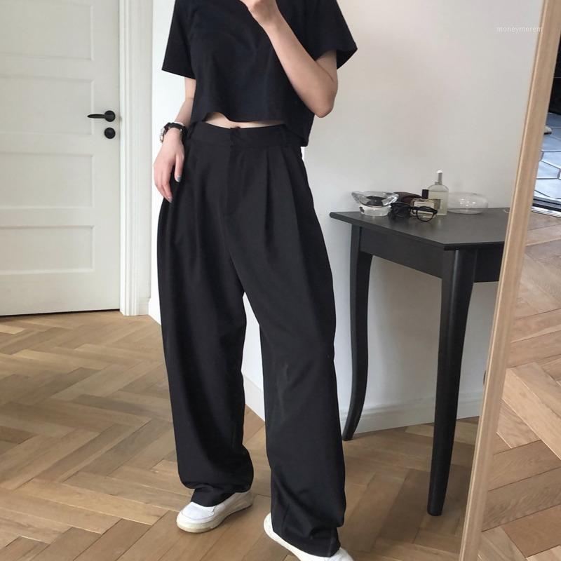 

EWQ] 2020 new high waist flat front button pants free floor length wide leg female trousers korea styles casula Harem Pants1, Black