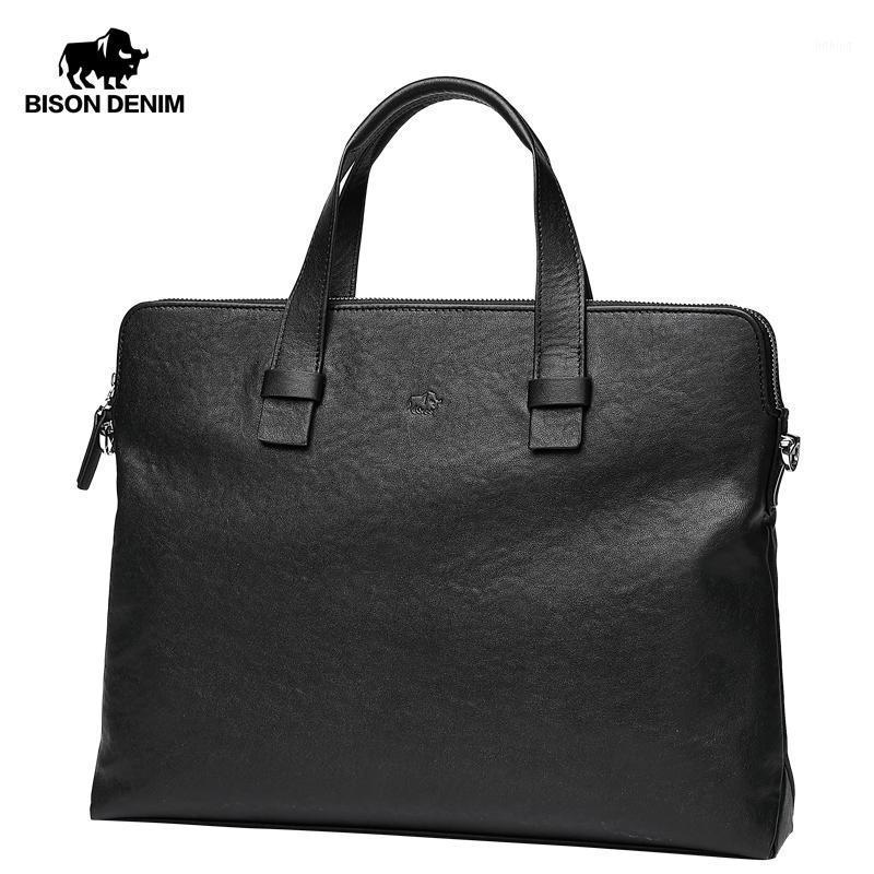 

Bison Denim Cowhide Business Briefcase Genuine Leather Men Bag 14" Laptop Handbag Double Zipper Messenger Bags Male Shoulder Bag1, Black