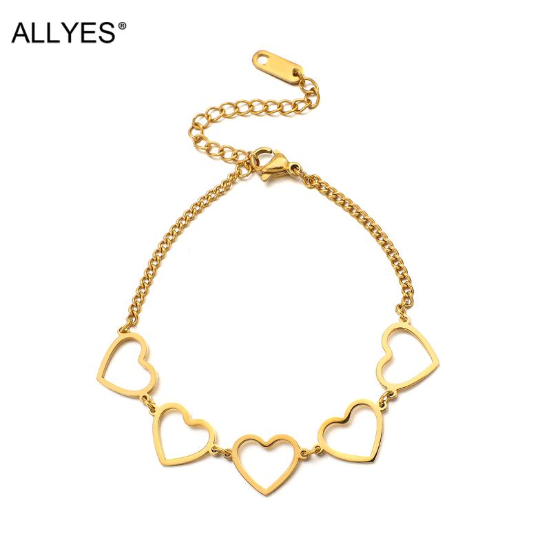 

ALLYES Simple Gold plated 316L Stainless Steel Hollow Heart Chain Bracelets for Women Couple Jewelry Valentine's Day Gifts