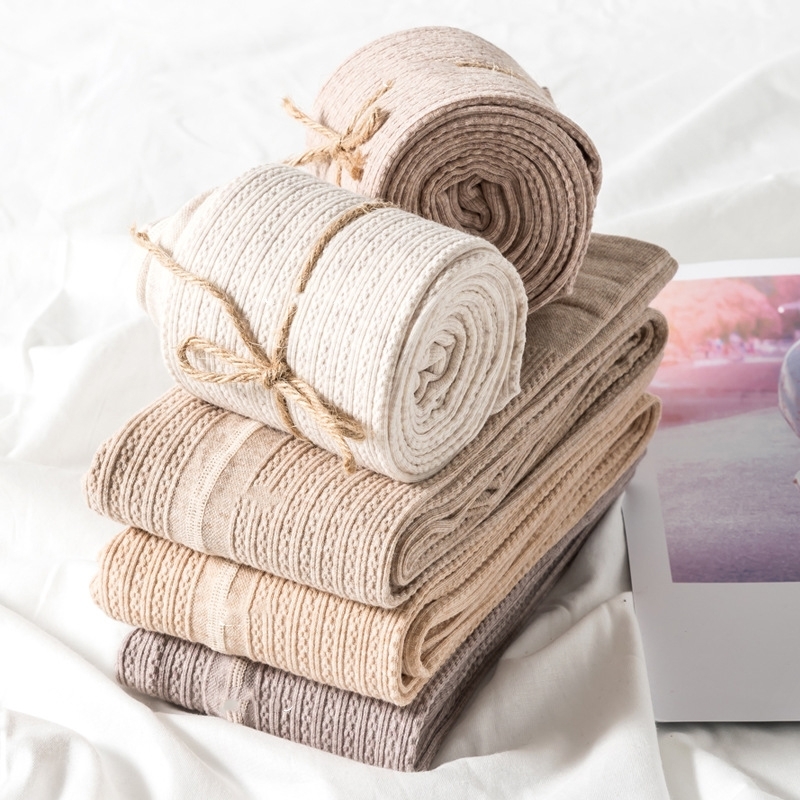 

Autumn Winter Pantyhose Cotton Knitted Twist Stockings Colorful Women Warm Striped Women Tights Full Foot Tights 201109, Oatmeal white