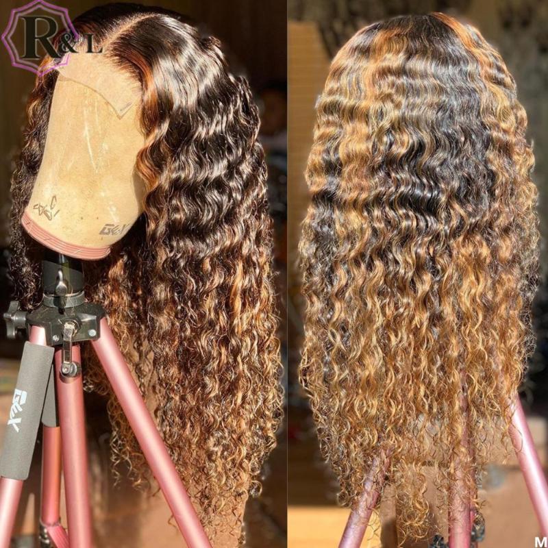 

RULINDA Highlight Ombre Curly Lace Front Human Hair Wigs T-part Brazilian Remy Hair Lace Wigs 180% Density With Baby, Black;brown