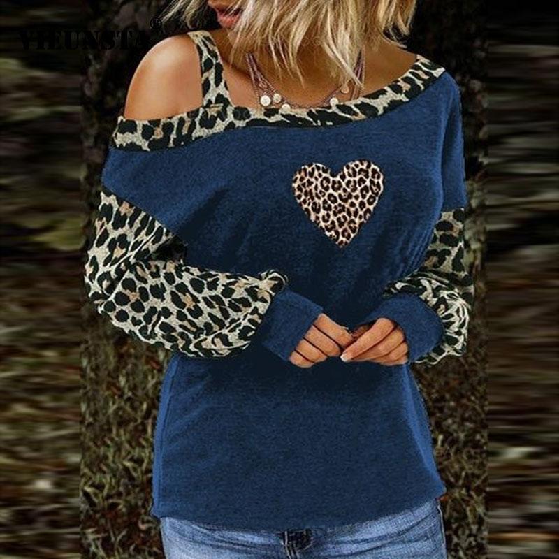 

Elegant One-shoulder Strap Blouse Shirt Women Heart Leopard Print Patchwork Top Pullover New Autumn Long Sleeve Streetwear Blusa, Black