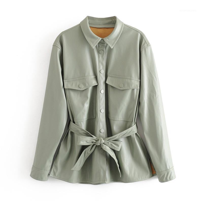 

Women Fashion Faux Leather Jacket With Belt 2020 Ladies Long Sleeve Streetwear Jackets Loose Casual Pockets Outwear Coat1, Green