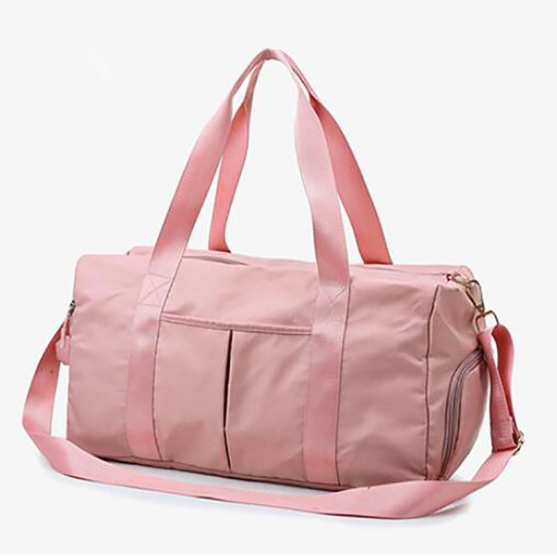 

Outdoor Waterproof Nylon Sports Gym Bags Men Women Training Fitness Travel Handbag Yoga Mat Sport Bag With Shoes Compartment1, Pink