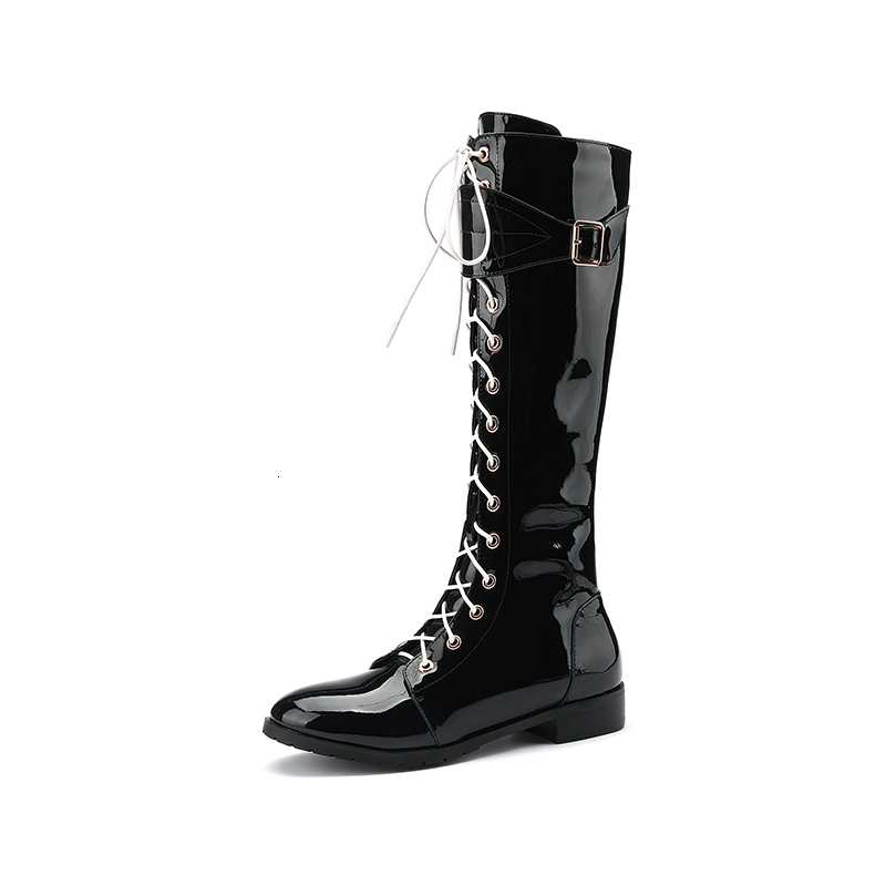 

2021 New Women Motorcycle Metal Buckle Lace Up Patent Leather Shoes Woman Winter Newest Party Working Low Heels Knee High Boots Tlb8, Black