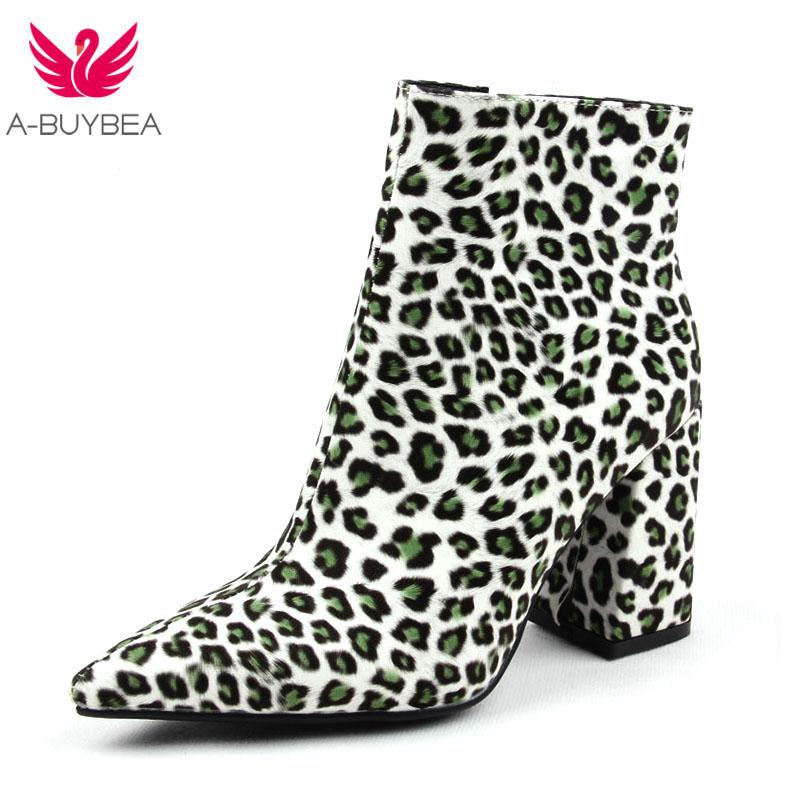 

2020 Autumn Ankle Boots Leopard Print Lady Shoe Dress Party Mature Zipper Square Chunky Heels Fur Plus Size 34-43, Sky blue