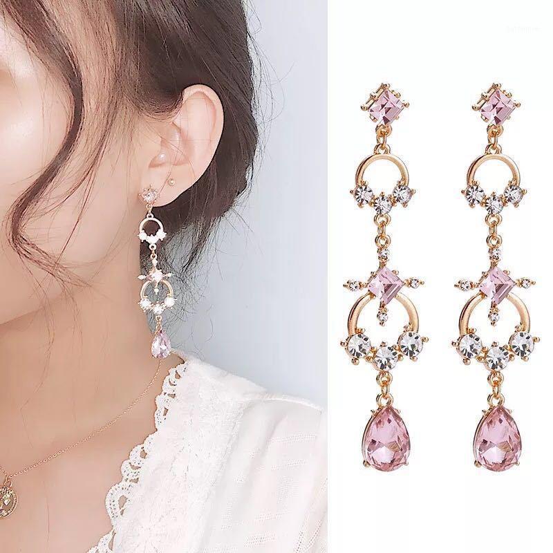 

Court Baroque Zircon Long Earrings Pink Zircon Cross Drop Geometric Earrings Women Charm Party Wedding Jewelry1