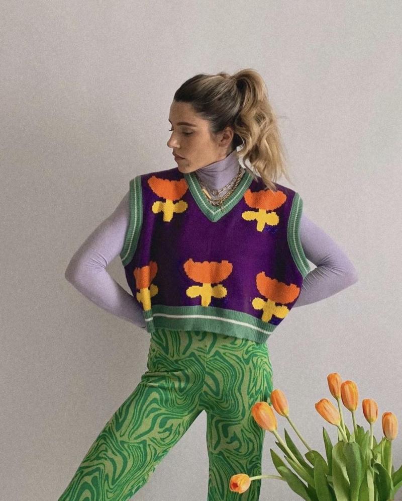 

Women Sleeveless Tank Sweater V Neck knitted Pullover Embroidered Winter Autumn Loose Top Sweaters Female Fashion Elegant Outfit, Green