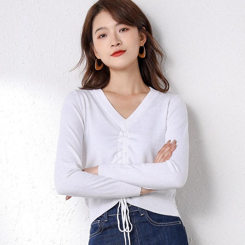 

2020 Autumn New Avocado Green Pullover Drawstring Tie Up Front Sweater Women Solid Slim V-neck Long Sleeve Knitted Tops Fashion1, Blue