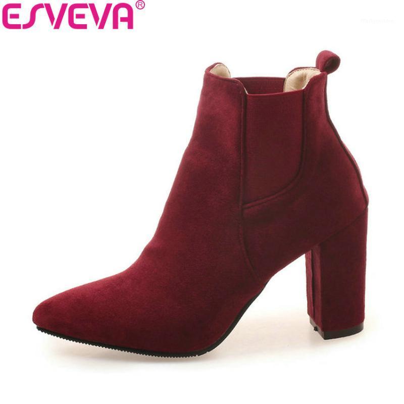 

ESVEVA 2020 Women Boots Elastic Band Square High Heels Shoes Ankle Boots Pointed Toe Spring Autumn Women Shoes Size 34-431, Black