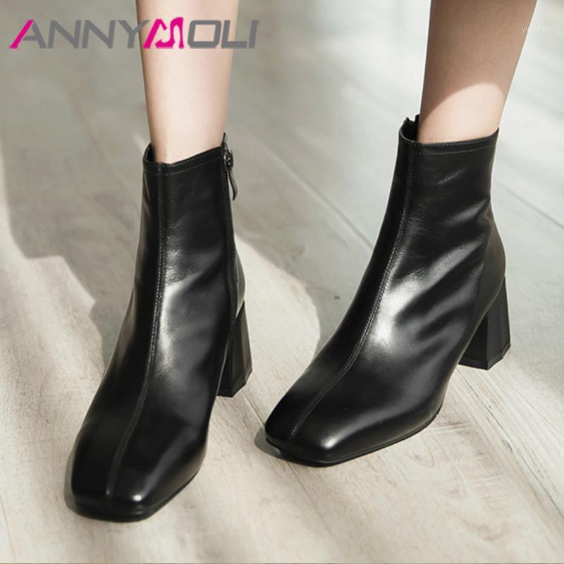 

ANNYMOLI Short Boots Women Shoes Real Leather High Heel Ankle Boots Square Toe Thick Heels Zip Lady Autumn Winter Black 431, Black synthetic lin
