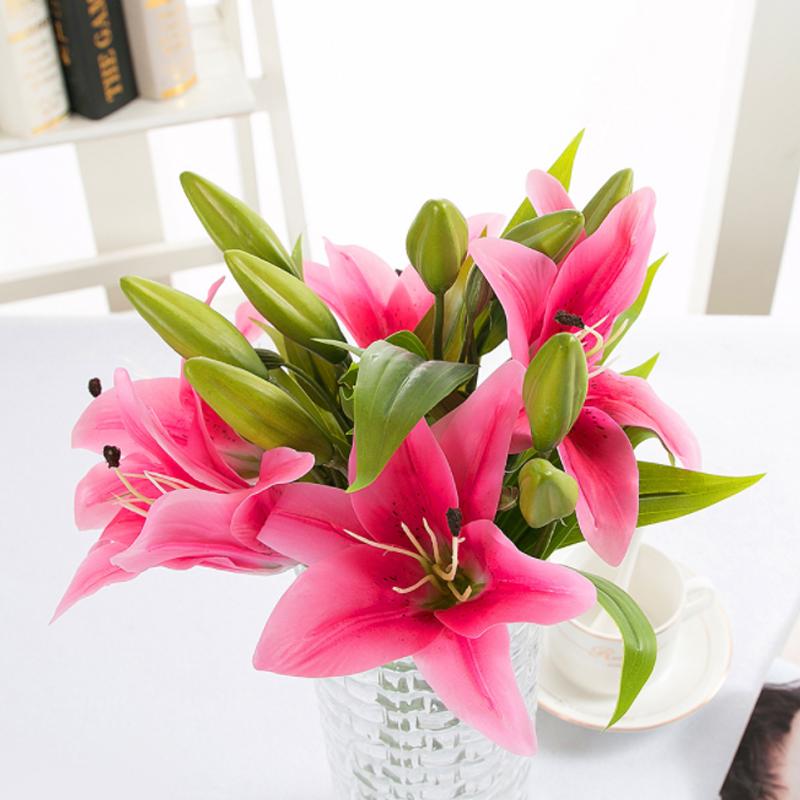 

3 Heads Real Touch PVC Artificial Lily Silk Decorative Flower For Wedding Decoration Christmas Gift Decoration For Home/Shop, White