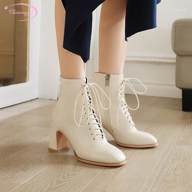 

Casual style round toe paint ankle boots fashion lace-up zipper beige red black high heel thick riding boots women's shoes1