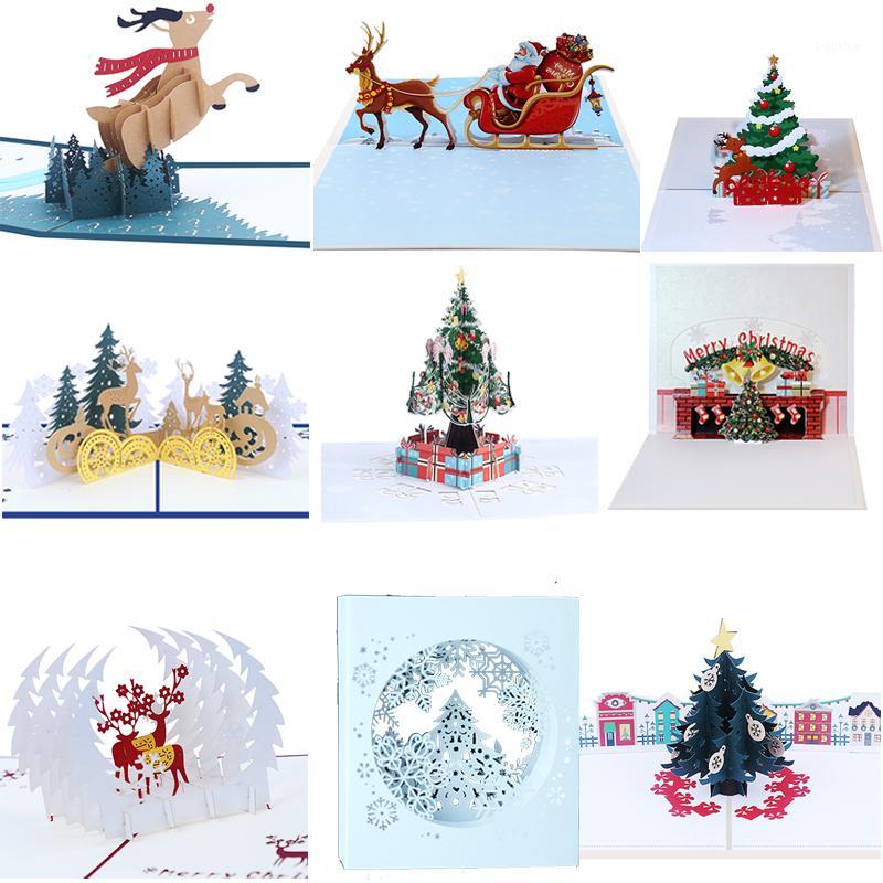 

5pcs/lot New Year 3d Christmas Card Xmas Hot Air Balloon Santa Snowman Elk Handmade Card Paper Carving Christmas Gift1