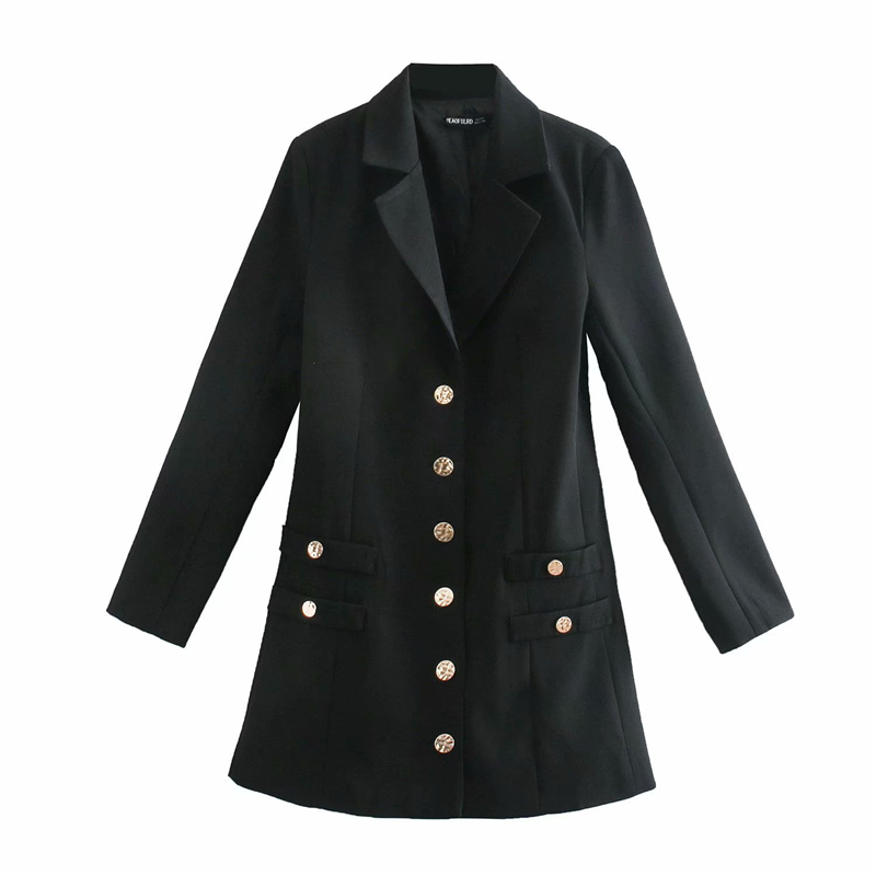 

2021 New Elegant Girlish Gold Dress Fashion Ladies Pocket Dresses Streetwear Chic Girly Turtleneck Carving Blazer-dresses QGTT, Black