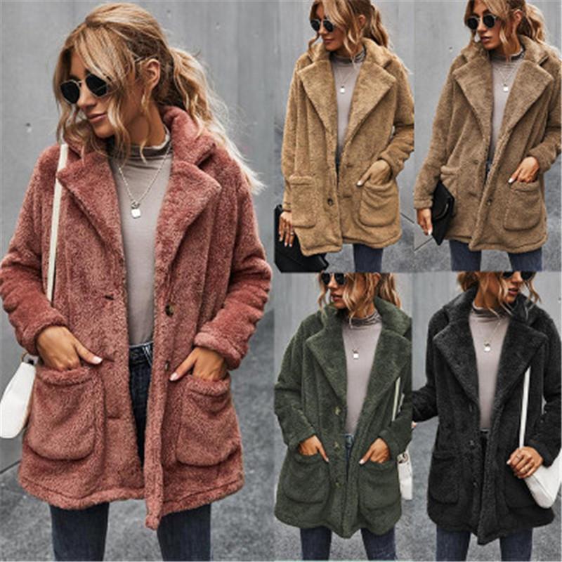 

Ladies Lapel Collar Plush Coat Fashion Thicken Long Sleeve Woolen Cardigan Mid-length Outerwear Designer Female Fleece Single Breasted Coats, Apricot