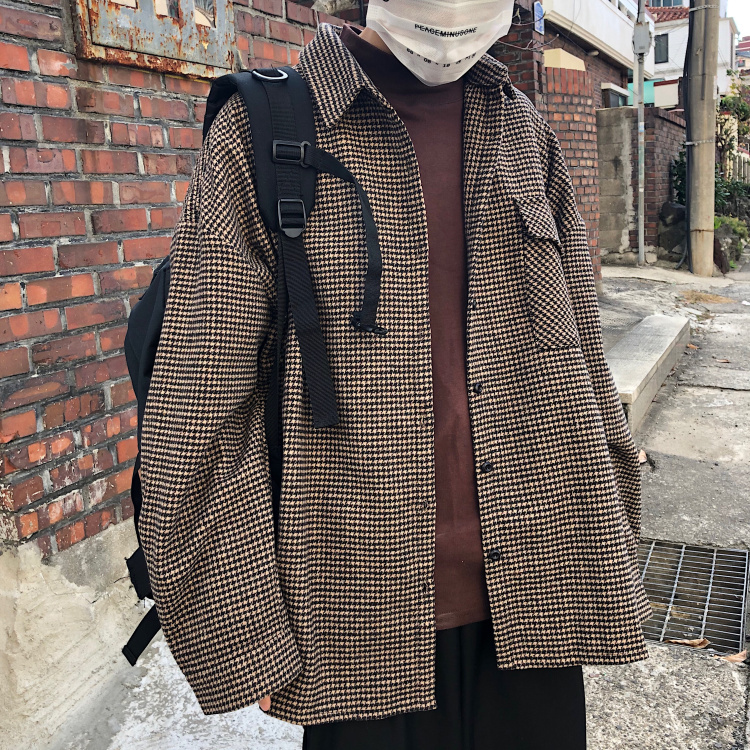 

Long Male 2021 Shirts Spring and New Autumn Wild Retro Fleece Shoulders Plaid Shirt Thick Youth Jacket DWIK, Coffee