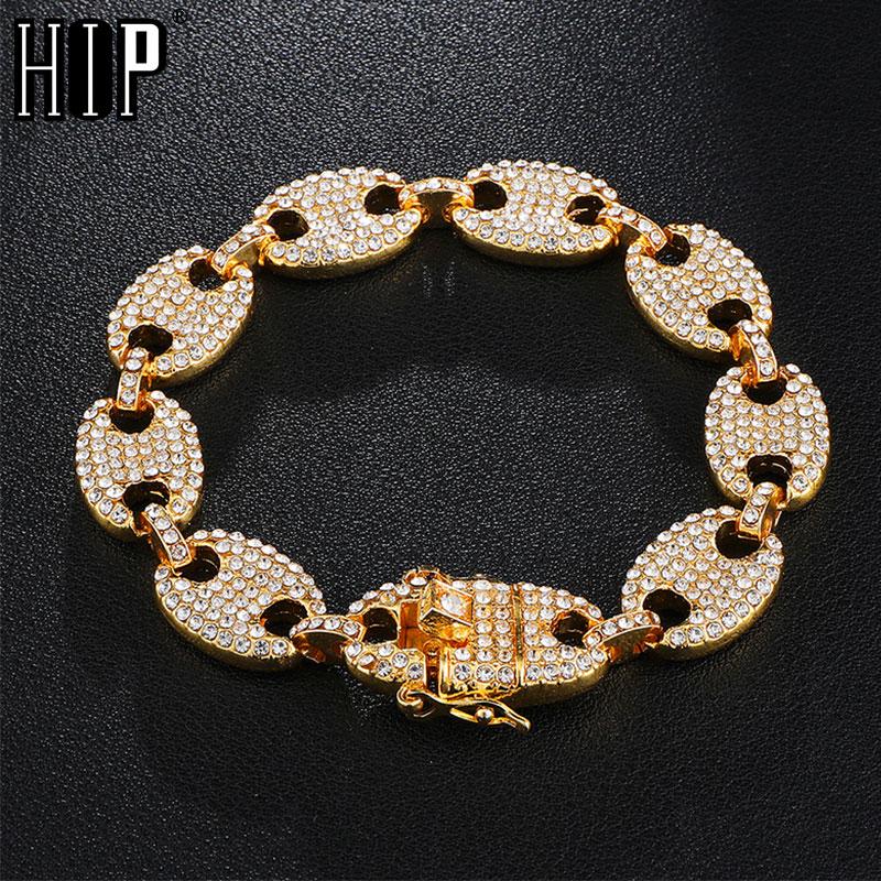 

Link, Chain HIP Hop Multi-color Width Iced Out Rhinestoned 13MM 20CM Gold Coffee Beans Link Bracelets For Men Jewelry, Black