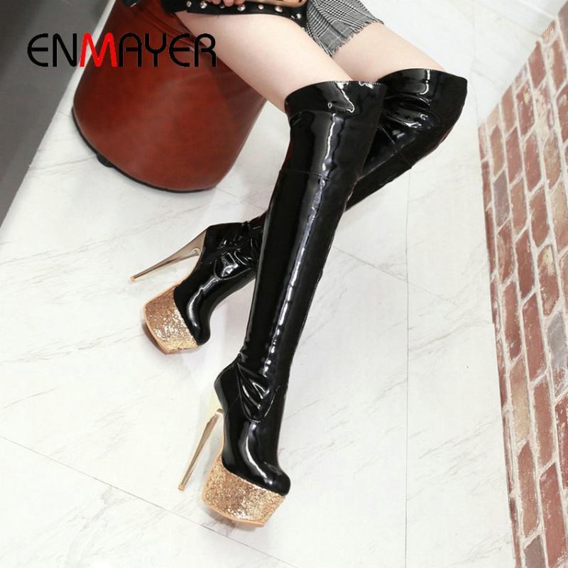 

ENMAYER 2020 Women Winter Boots Party Thigh High Boots Patent Leather Round Toe Sexy Thin Heel Over The Knee High 34-431, Black