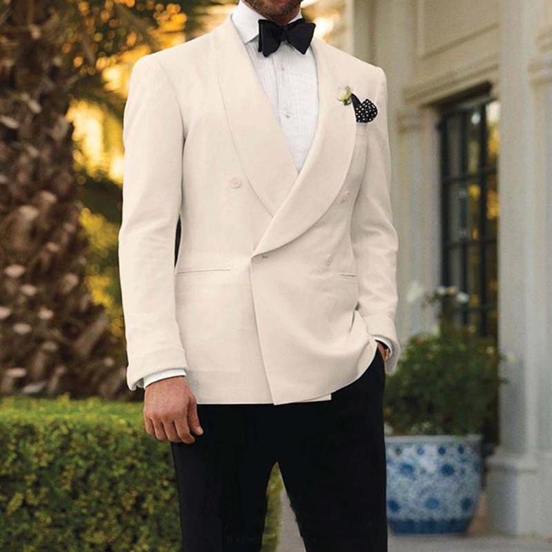 

2020 Ivory Tuxedos For Men Shawl Lapel Men Wedding Suits Formal Mens Suits Double Breasted Grooms Suit (jacket+pants+Bow tie, Beige