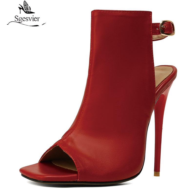 

Sgesvier sexy peep toe summer boots sandals fashion buckle white red black super high heel stiletto women's shoes big size 48