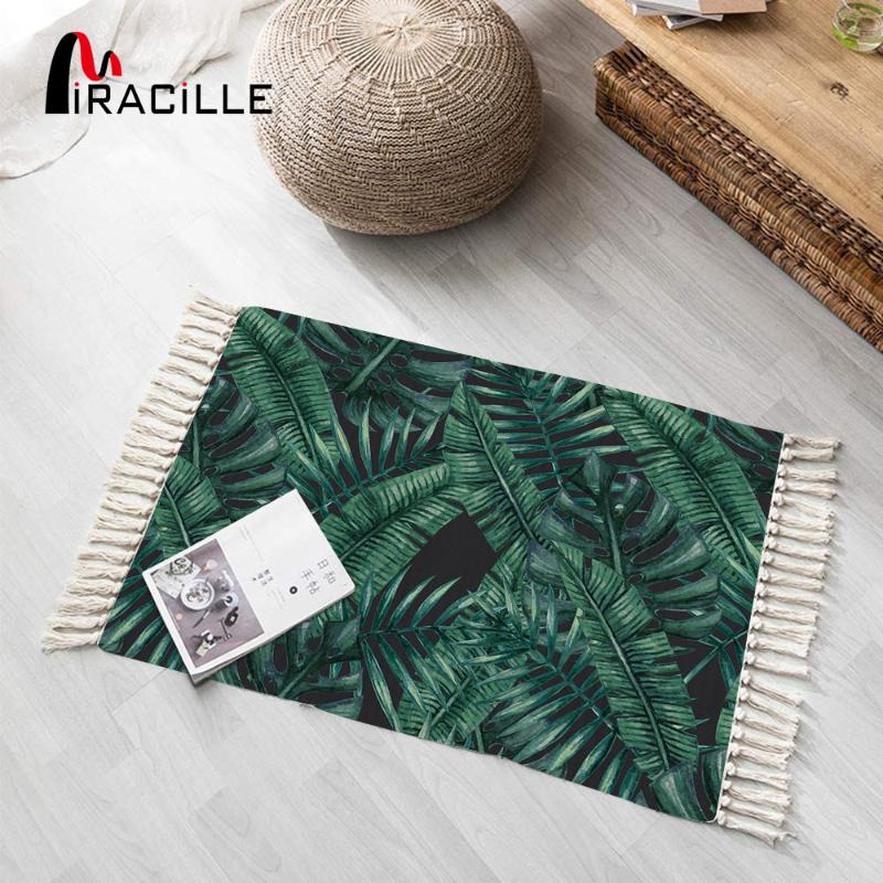 

Miracille Carpet For Living Room Green Leaf Printed Tassel Bedside Long Rug Welcome Door Mat Prayer Mattress, Msw04-8