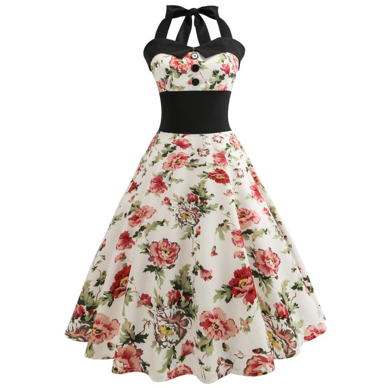 

Summer Print Dress Retro Hepburn Style 50s Halter Neck Slim New Printed Vintage Style Big Swing Dress, Style a