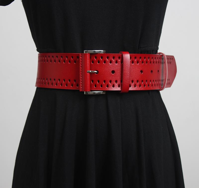 

Women's runway fashion genuine leather hollow out Cummerbunds female Dress Corsets Waistband Belts decoration wide belt R3418, Red