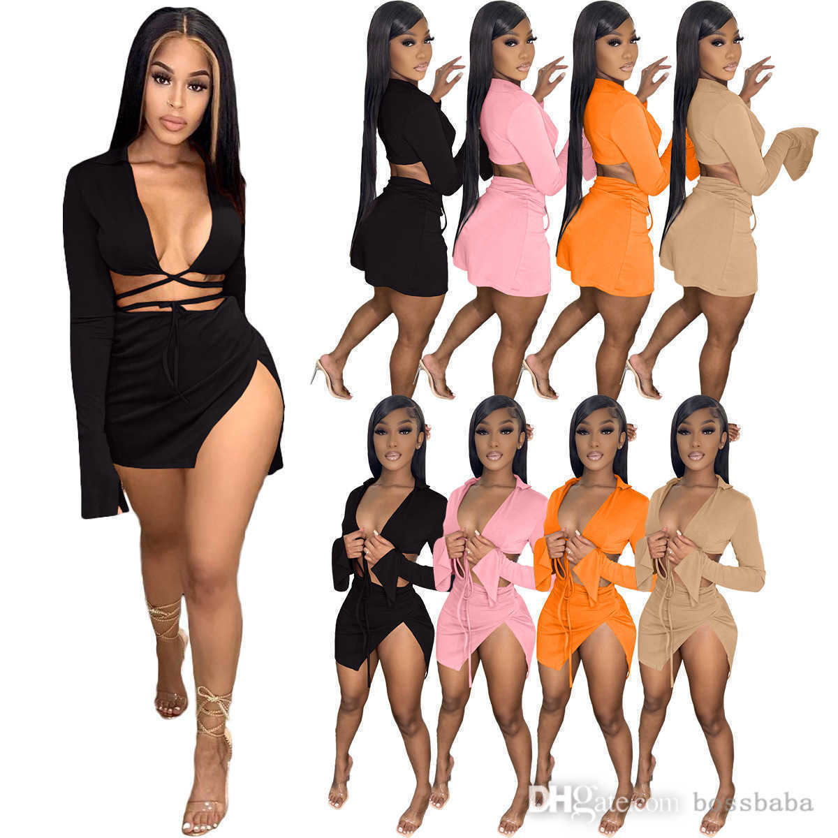 

2022 Summer Women Swimsuit Fashion Long Sleeve Bandage Tops And Split Skirt Ladies Two Piece Bathing Suit, Orange