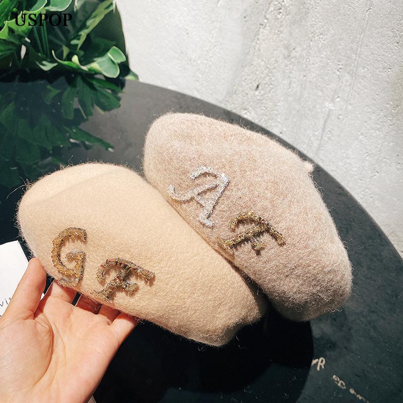 

USPOP New Winter Berets Women Diamond Letter Beret Hats Smooth Thick Warm Wool Hats, Milk white-gf