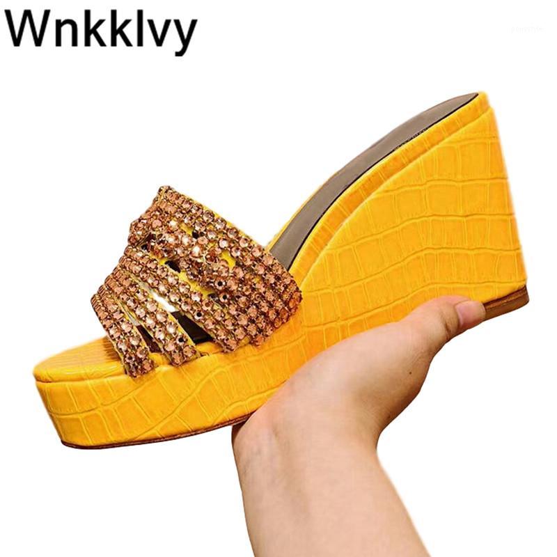 

Summer flatform wedge high heel Slippers Woman bling bling crystal sandals Flipflops Lazy Mullers party dress shoes female 20201, Black