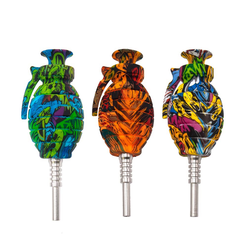

Multi Color grenade shape oil burner pipe unbreakable silicone nector collector kit with Titanium Tip dabber Micro accessory