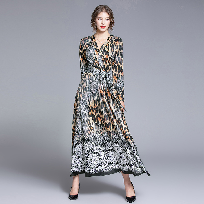 

2021 New Fashion Women Sexy V-neck Flower Printed Sleeve Long Maxi Es Ladies Spring Summer Party A-line Fufk, As picture