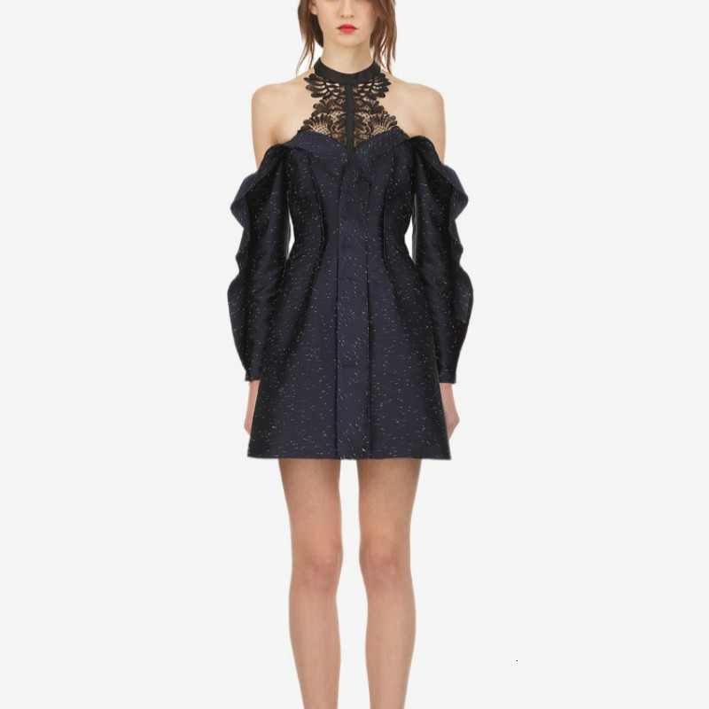 

Women's Dress in Self Portrait Sexy Out of the Shoulder Backless Dressed Female Autumn Mini High End Dresses Clre, Navy blue.