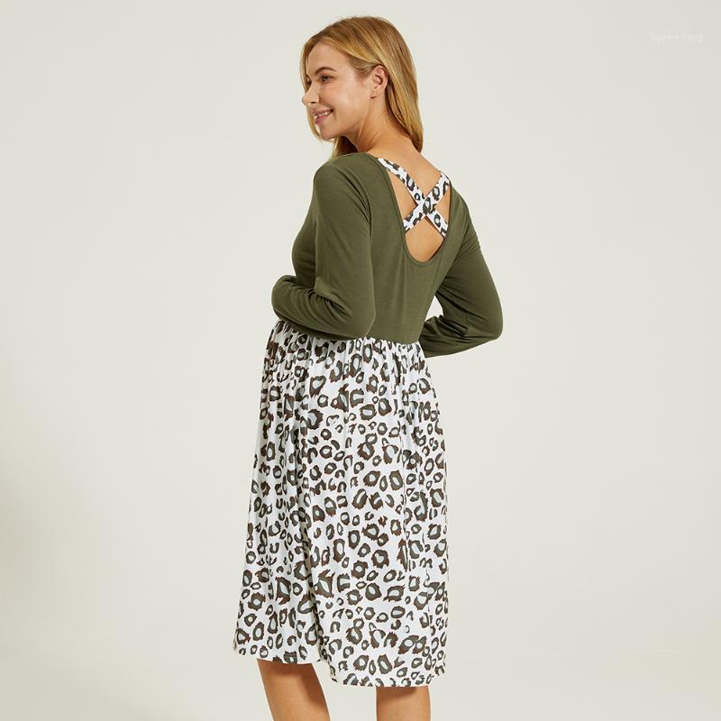 

PatPat 2021 New ArrivalMaternity Round collar Leopard full print Green Knee length A Long-sleeve Nursing Dress1