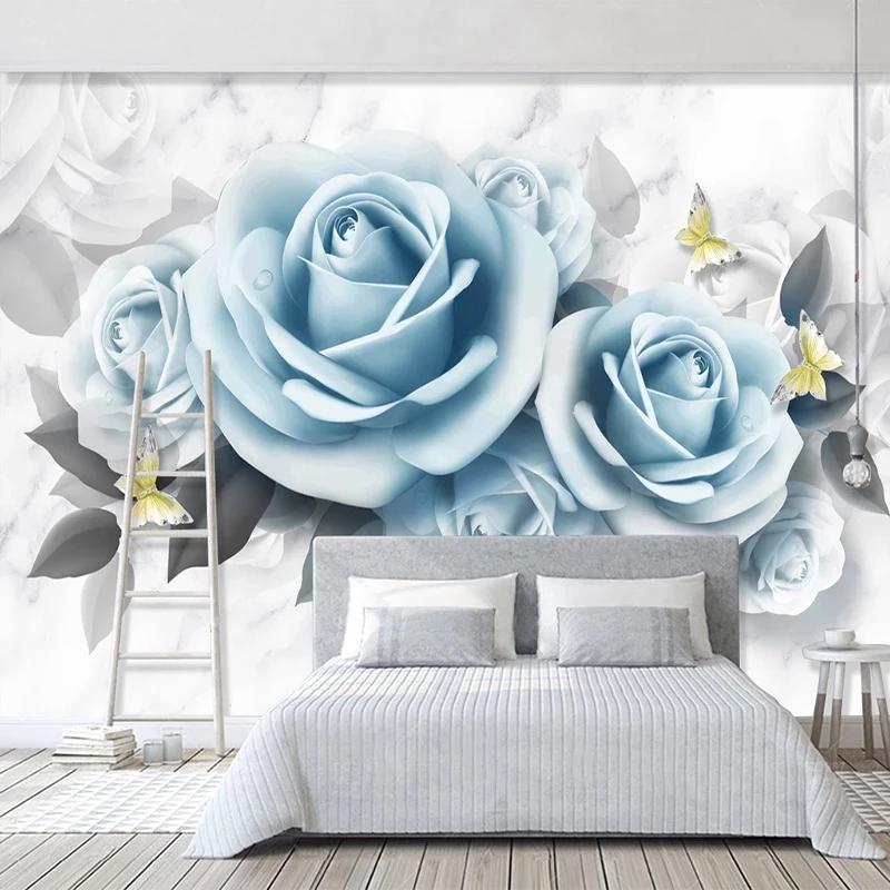 

Custom Photo Wallpaper For Bedroom Walls 3D Blue Rose Flower Butterfly Modern Living Room Restaurant Decoration Wall Mural Paper, Silk cloth
