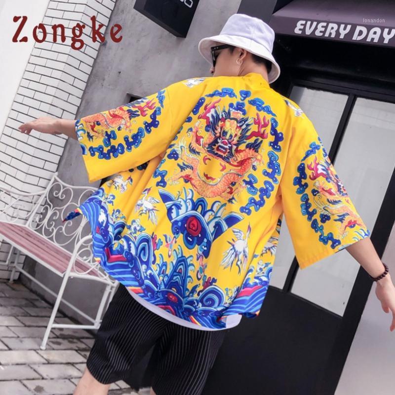 

Men's Jackets Zongke Dragon Kimono Cardigan Men Chinese Style Long Loose Beach Male Casual Jacket Coat 20211, Black