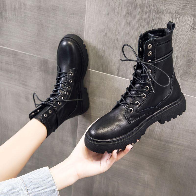 

autumn and winter short boots women British style leather boots women thick soled thick heel motorcycle, Black