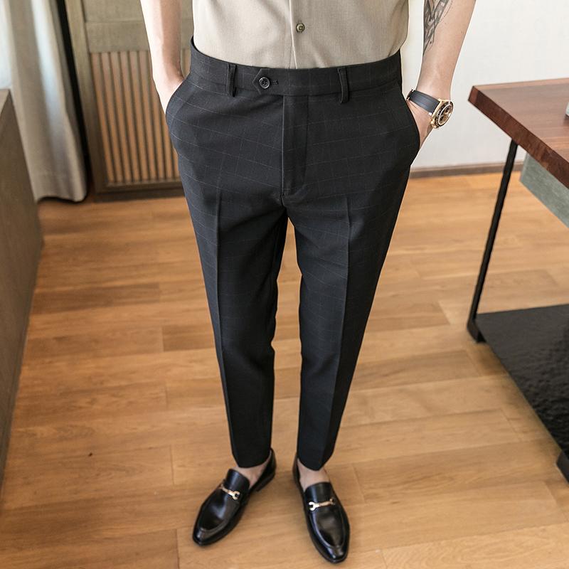 

High Quality 2021 Spring Suit Pant Casual Slim Fit Business Suit Pant Classic Lattice Formal Pants Men Wedding Work Trousers, Black