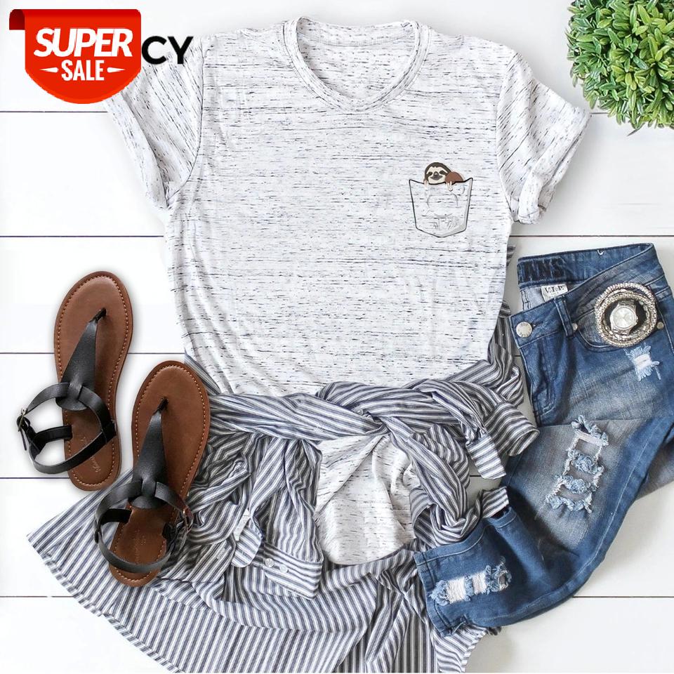 

JFUNCY Cute Cartoon Sloth Pocket Print Plus Size Women Loose Tee Tops 100% Cotton Summer T-Shirt Woman Shirt Kawaii Mujer Tshirt #LU4T, White