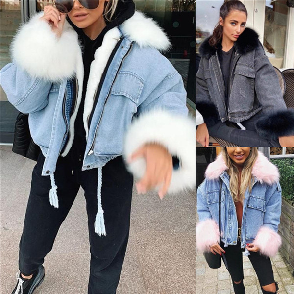 

Women' Jackets Women Winter Jacket Plus Size Fleece Drawstring Denim With Fur Collar Punk Style Warm Short Outerwear, Black