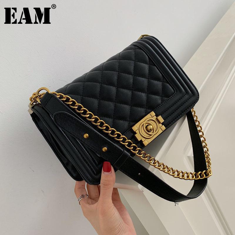 

[EAM] Women New Quality Chains Argyle PU Leather Flap Personality All-match Crossbody Shoulder Bag Fashion Tide 2021 18A1148, Small beige