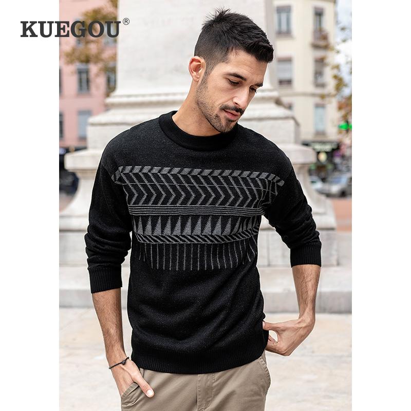 

KUEGOU 2021 Spring Cotton Geometric Black Sweater Men Pullover Casual Jumper For Male Fashion Wear Brand Knitted Clothes 26082